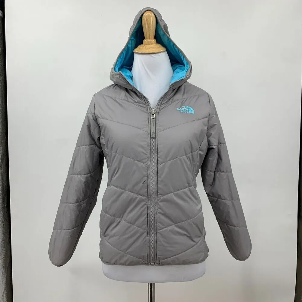 The North Face Reversible Jacket Girls Youth M Medium Aqua Grey Quilted Filled